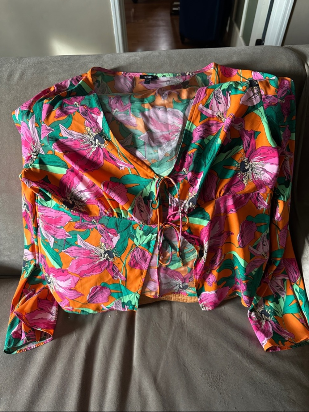Express Floral Tie-Front Blouse - Orange, Pink & Green